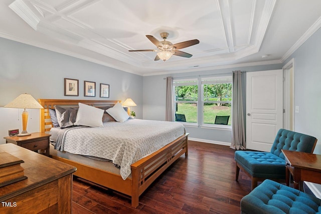 3002 Bartlett Cir, Hillsborough, NC 27278 - bedroom featuring ornamental molding, dark wood-style floors, ceiling fan, a tray ceiling, and baseboards