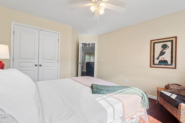 3002 Bartlett Cir, Hillsborough, NC 27278 - bedroom featuring a closet, wood finished floors, ceiling fan, and baseboards
