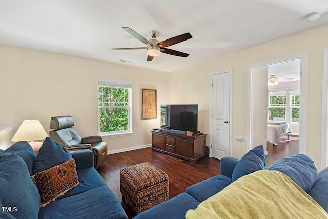3002 Bartlett Cir, Hillsborough, NC 27278 - living area featuring ceiling fan, dark wood-style flooring, and baseboards