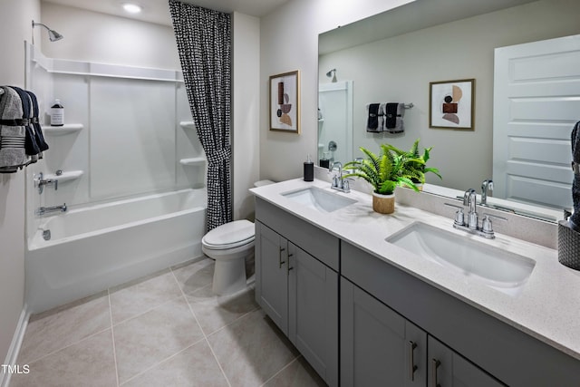 2250 Cherry Creek Rd, Haw River, NC 27258 - full bathroom with shower / bathtub combination with curtain, double vanity, toilet, and tile patterned floors