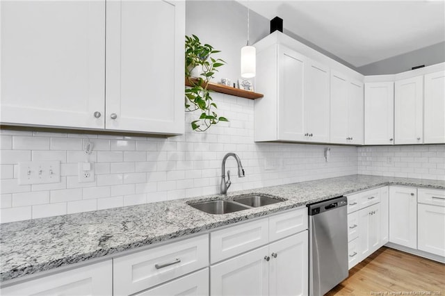 607 Rempstone Ln, Fayetteville, NC 28311 - kitchen featuring stainless steel dishwasher, a sink, white cabinetry, and tasteful backsplash