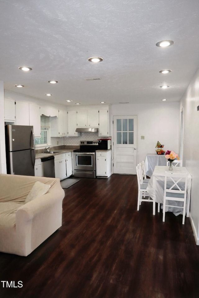 6591 Goldsboro Rd, Wade, NC 28395 - kitchen featuring stainless steel appliances, under cabinet range hood, white cabinets, and recessed lighting