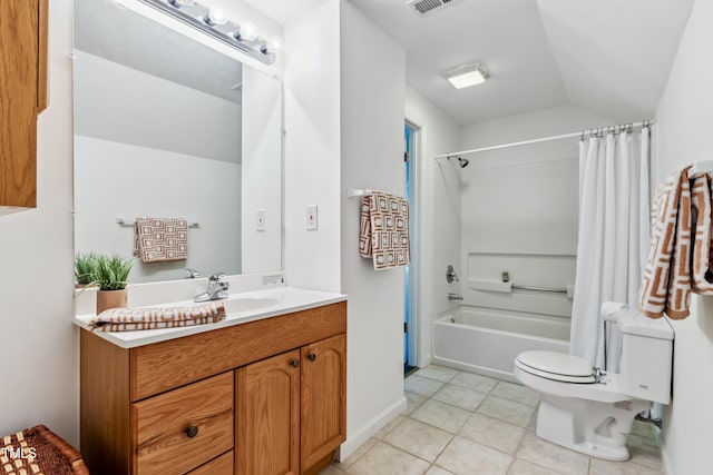1304 N Duke St, Durham, NC 27701 - bathroom with vanity, toilet, shower / bathtub combination with curtain, tile patterned floors, and vaulted ceiling