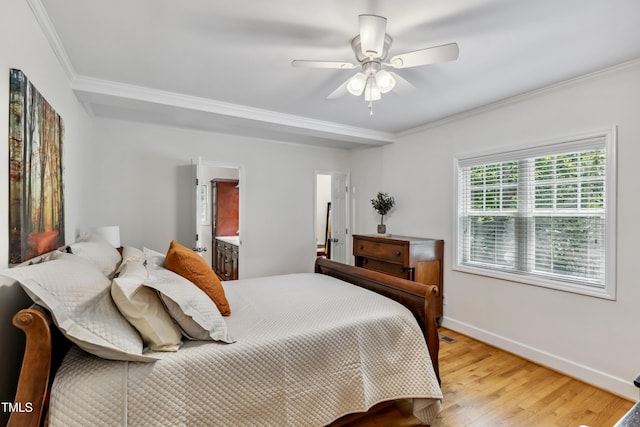 1304 N Duke St, Durham, NC 27701 - bedroom with light wood finished floors, baseboards, crown molding, and a ceiling fan