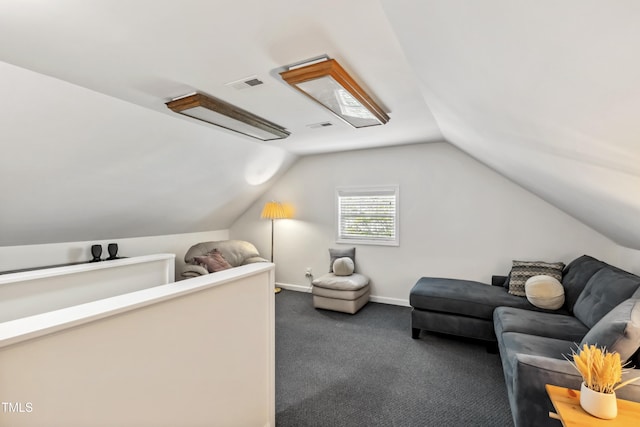 1304 N Duke St, Durham, NC 27701 - bedroom with dark carpet, lofted ceiling, and baseboards