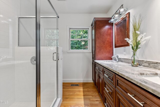 1304 N Duke St, Durham, NC 27701 - full bath featuring double vanity, a shower stall, wood finished floors, and baseboards