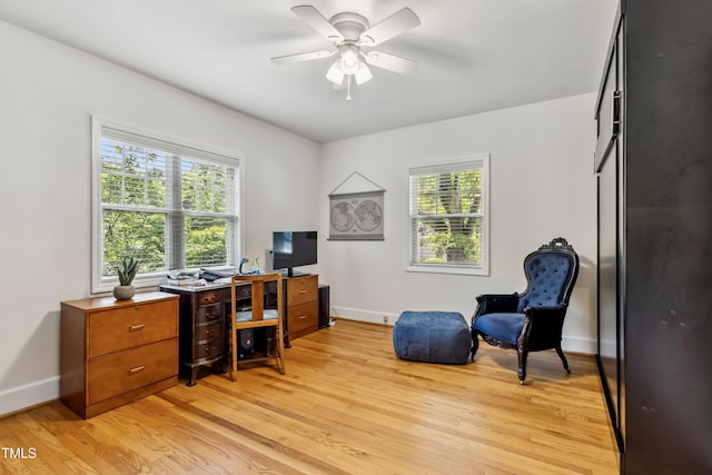 1304 N Duke St, Durham, NC 27701 - home office with light wood-style floors, baseboards, and a ceiling fan