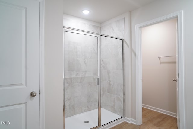 2106 Cherry Creek Rd, Haw River, NC 27258 - full bathroom featuring a shower stall, wood finished floors, baseboards, and recessed lighting