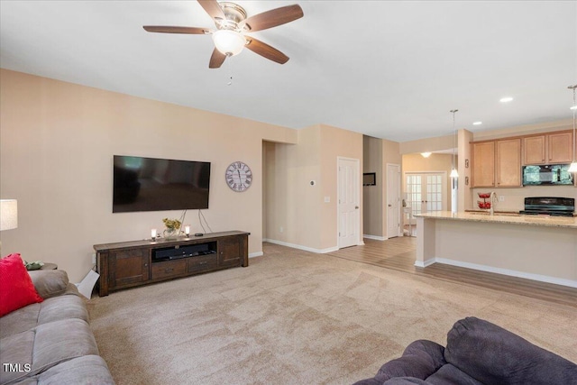 6512 Blalock Forest Dr, Willow Springs, NC 27592 - living area featuring ceiling fan, light colored carpet, baseboards, and recessed lighting