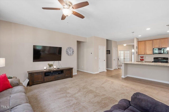6512 Blalock Forest Dr, Willow Springs, NC 27592 - living room featuring a ceiling fan, light carpet, and recessed lighting