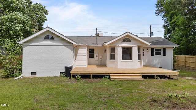 314 Wrenn St, Apex, NC 27502 - rear view of property with brick siding, a wooden deck, crawl space, and a chimney