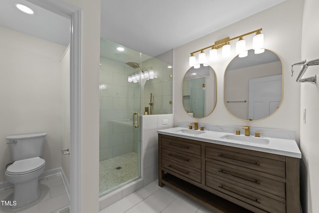 314 Wrenn St, Apex, NC 27502 - bathroom with double vanity, a shower stall, tile patterned floors, toilet, and recessed lighting