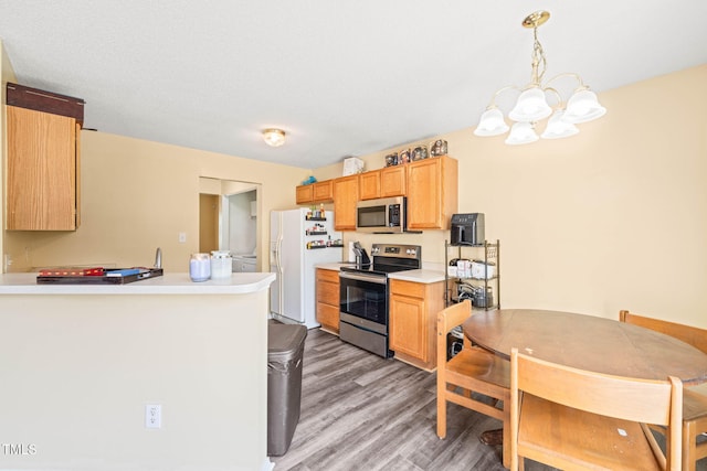 5312 Suntan Lake Dr, Raleigh, NC 27610 - kitchen featuring stainless steel appliances, a chandelier, light wood-style floors, light countertops, and a peninsula