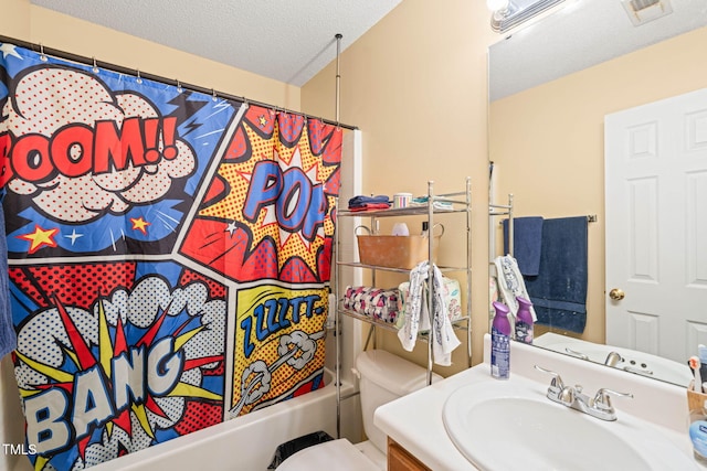 5312 Suntan Lake Dr, Raleigh, NC 27610 - full bathroom featuring vanity, shower / tub combo, toilet, and a textured ceiling