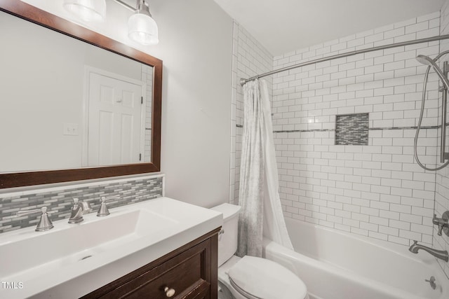 4021 Converse Dr, Raleigh, NC 27609 - bathroom with toilet, vanity, shower / tub combo, and tasteful backsplash