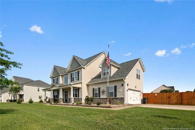 craftsman house featuring stone siding, concrete driveway, and a garage