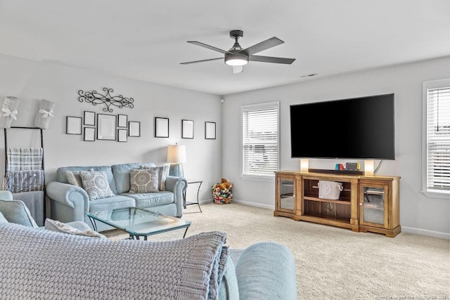 34 Merlin Ct, Godwin, NC 28344 - living area featuring carpet flooring, baseboards, and ceiling fan