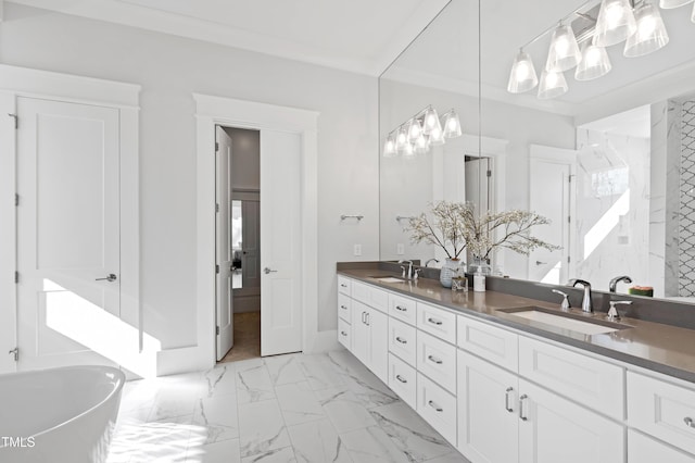 7212 Summer Tanager Trl, Raleigh, NC 27614 - bathroom featuring double vanity, a freestanding bath, and marble look tile flooring