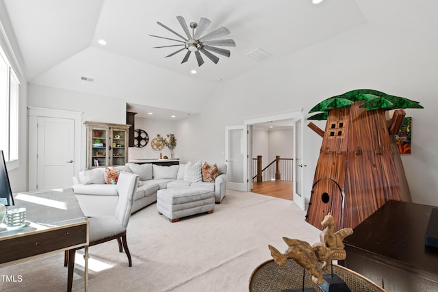7212 Summer Tanager Trl, Raleigh, NC 27614 - living room with ceiling fan, vaulted ceiling, recessed lighting, and light colored carpet