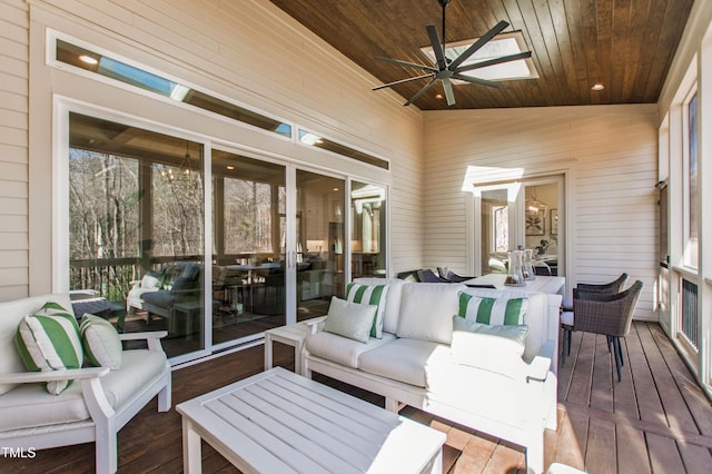7212 Summer Tanager Trl, Raleigh, NC 27614 - sunroom with a ceiling fan, an outdoor living space, outdoor dining area, and lofted ceiling