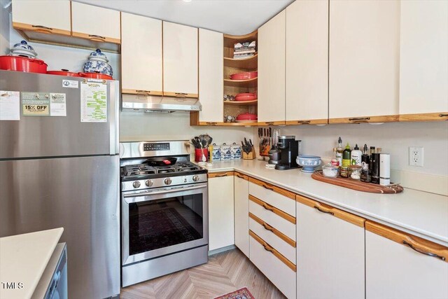 2913 Anderson Dr, Raleigh, NC 27608 - kitchen with appliances with stainless steel finishes, under cabinet range hood, open shelves, light countertops, and white cabinets