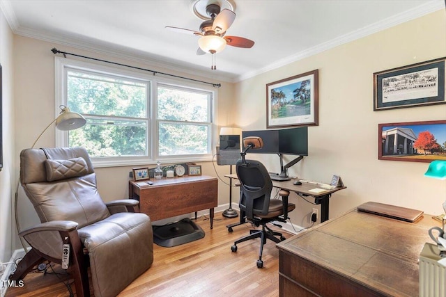 2913 Anderson Dr, Raleigh, NC 27608 - office area with light wood-style flooring, ornamental molding, a ceiling fan, and baseboards
