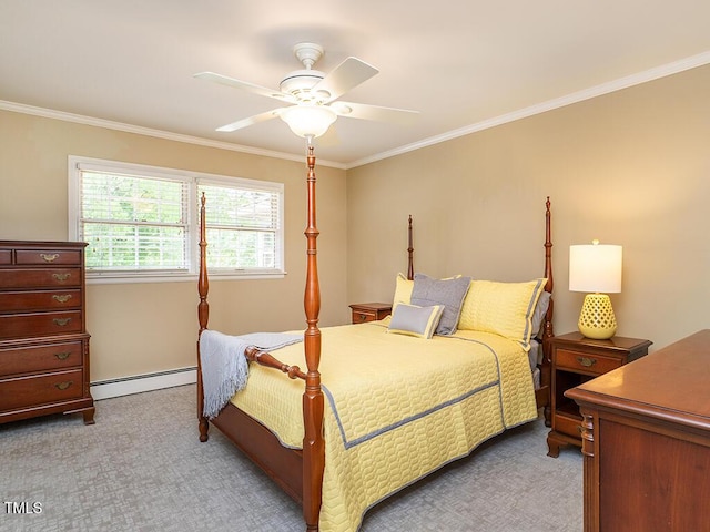 2228 Walker Ave, Burlington, NC 27215 - bedroom with a baseboard radiator, ornamental molding, light carpet, ceiling fan, and baseboards