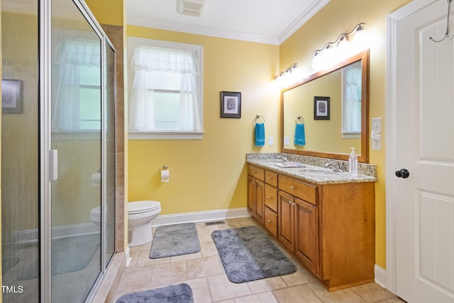 200 Daniel Ridge Ln, Roxboro, NC 27574 - bathroom with toilet, crown molding, double vanity, a shower stall, and tile patterned flooring