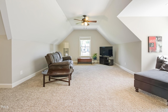200 Daniel Ridge Ln, Roxboro, NC 27574 - living area with ceiling fan, carpet flooring, lofted ceiling, and baseboards
