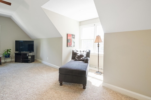 200 Daniel Ridge Ln, Roxboro, NC 27574 - living area with lofted ceiling, carpet, baseboards, and a ceiling fan
