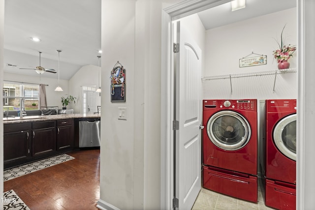 4612 Hanging Fern Ln, Raleigh, NC 27604 - laundry area with washing machine and clothes dryer, a sink, ceiling fan, wood finished floors, and recessed lighting