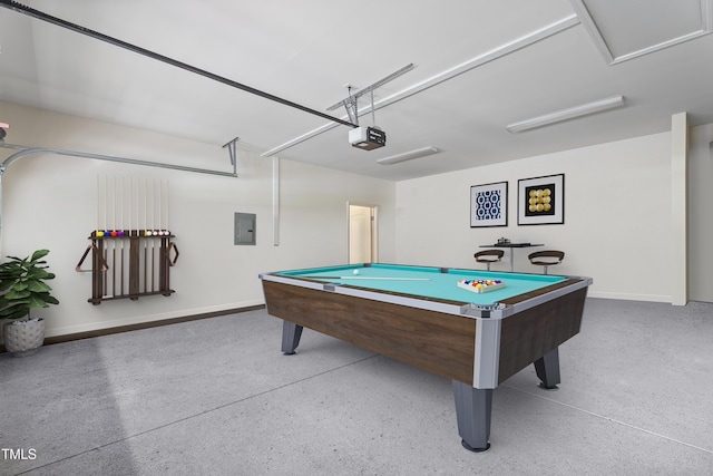 4612 Hanging Fern Ln, Raleigh, NC 27604 - game room with electric panel, a garage, pool table, and baseboards