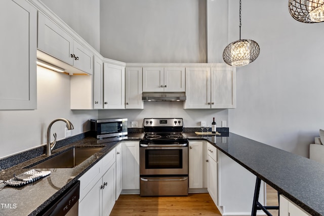 kitchen with appliances with stainless steel finishes, a sink, under cabinet range hood, white cabinetry, and light wood-style floors
