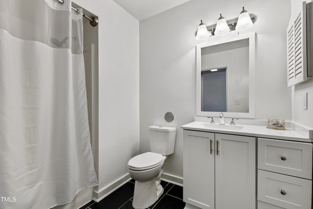 full bath with toilet, vanity, baseboards, tile patterned flooring, and shower / tub combo