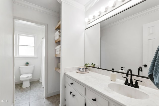 5413 Lower Creek Ct, Apex, NC 27539 - bathroom featuring toilet, vanity, crown molding, baseboards, and tile patterned flooring