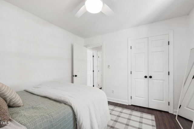 5413 Lower Creek Ct, Apex, NC 27539 - bedroom featuring wood finished floors, a ceiling fan, a closet, and baseboards