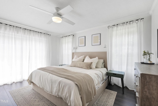 5413 Lower Creek Ct, Apex, NC 27539 - bedroom with ornamental molding, dark wood finished floors, and ceiling fan