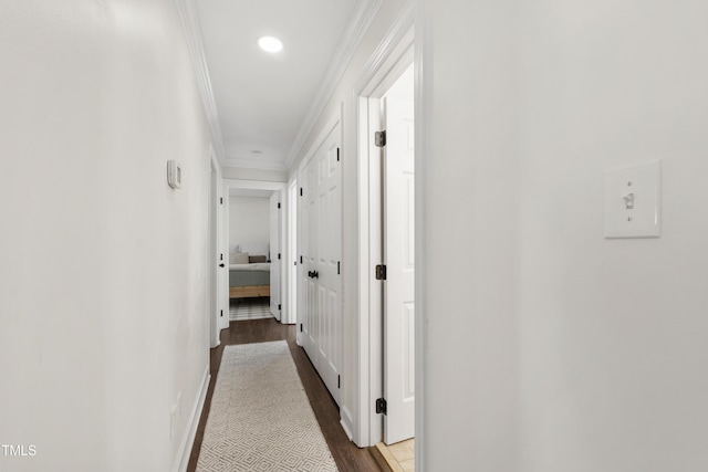 5413 Lower Creek Ct, Apex, NC 27539 - hallway featuring ornamental molding, wood finished floors, baseboards, and recessed lighting