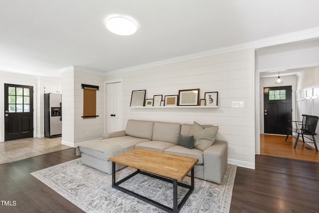 5413 Lower Creek Ct, Apex, NC 27539 - living area featuring ornamental molding, wood finished floors, and baseboards