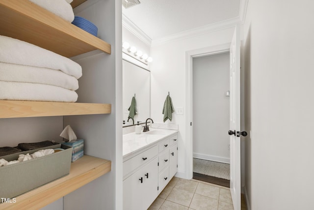 5413 Lower Creek Ct, Apex, NC 27539 - bathroom featuring crown molding, tile patterned floors, and double vanity