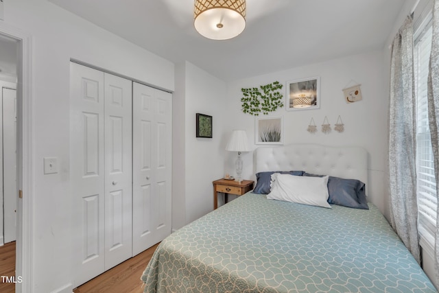 bedroom featuring wood finished floors and a closet
