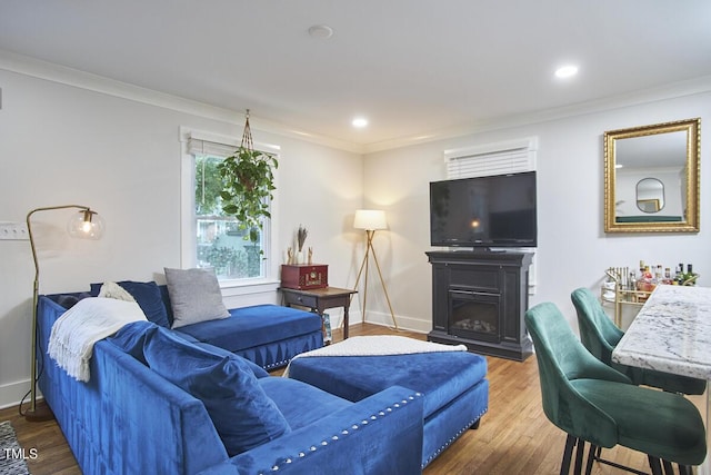 living area featuring crown molding, wood finished floors, a fireplace, baseboards, and recessed lighting
