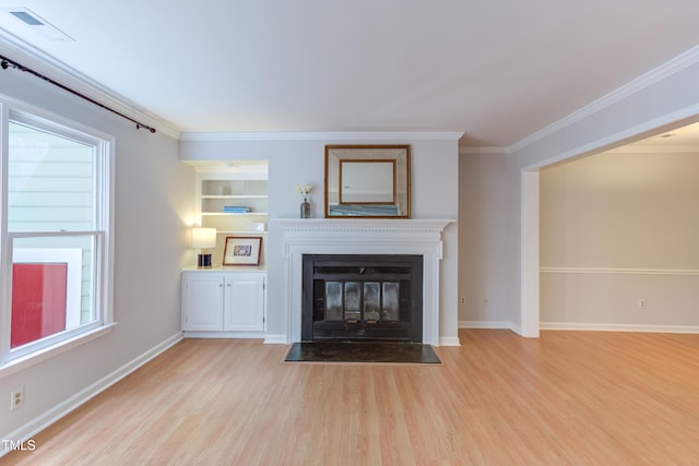 2222 Pathway Dr, Chapel Hill, NC 27516 - unfurnished living room featuring light wood finished floors, a fireplace with flush hearth, and crown molding