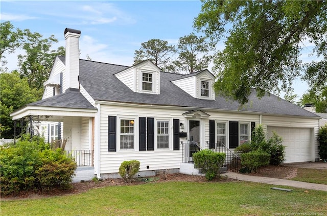 1001 N Orange Ave, Dunn, NC 28334 - cape cod home with a garage, a front yard, a chimney, roof with shingles, and covered porch