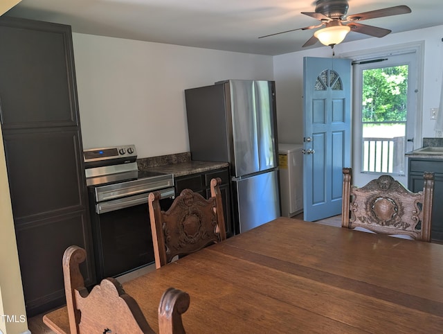 3405 Ode Turner Rd, Hillsborough, NC 27278 - kitchen featuring appliances with stainless steel finishes, ceiling fan, and dark countertops