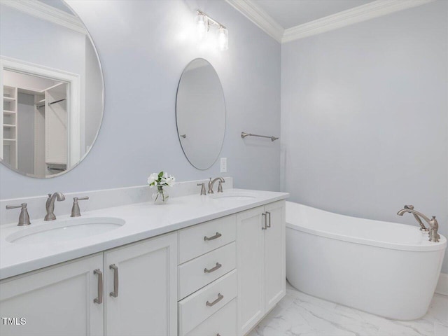 3347 Ridgecrest Ct, Raleigh, NC 27607 - full bathroom with double vanity, marble finish flooring, a soaking tub, and ornamental molding