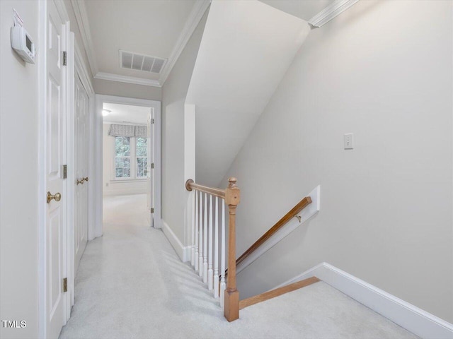 3347 Ridgecrest Ct, Raleigh, NC 27607 - hall featuring an upstairs landing, ornamental molding, carpet flooring, and baseboards