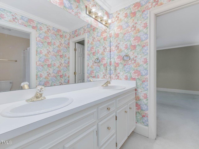 3347 Ridgecrest Ct, Raleigh, NC 27607 - bathroom with wallpapered walls, crown molding, baseboards, double vanity, and toilet