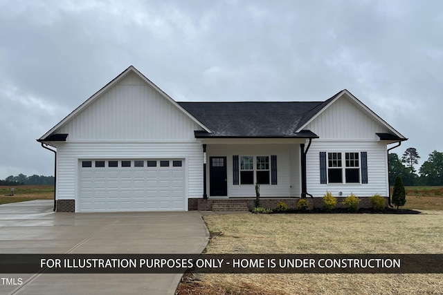 view of front of property featuring concrete driveway, a garage, board and batten siding, a front yard, and a porch