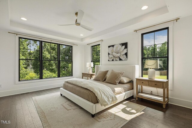 1141 Duke Farm Dr, Wake Forest, NC 27587 - bedroom with a raised ceiling, wood finished floors, baseboards, and recessed lighting